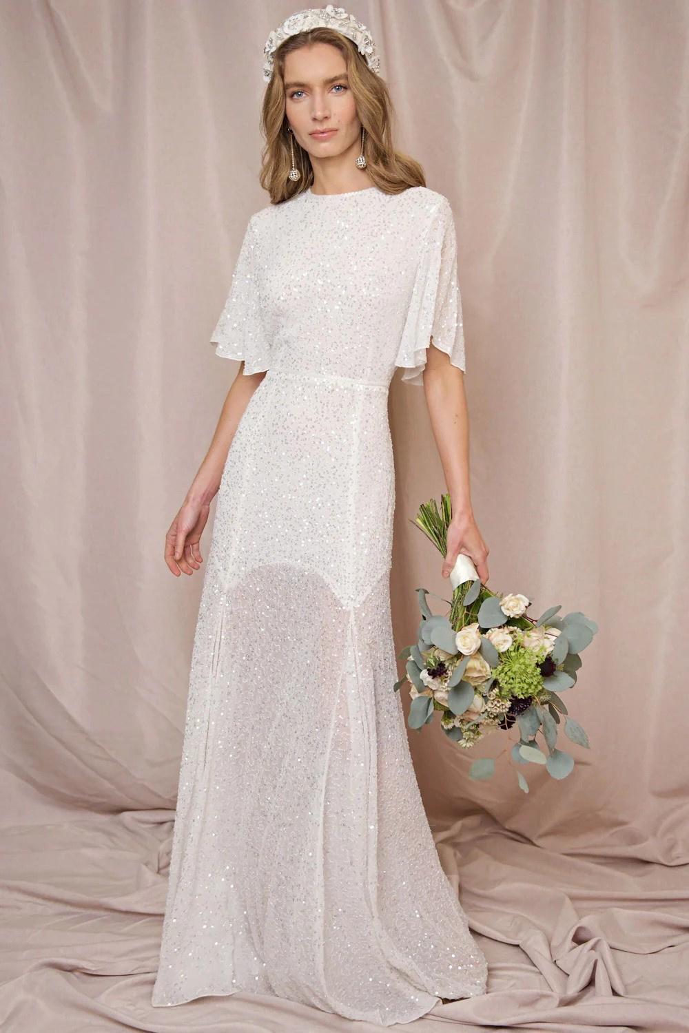 rochie de mireasa cu paiete talie scazuta